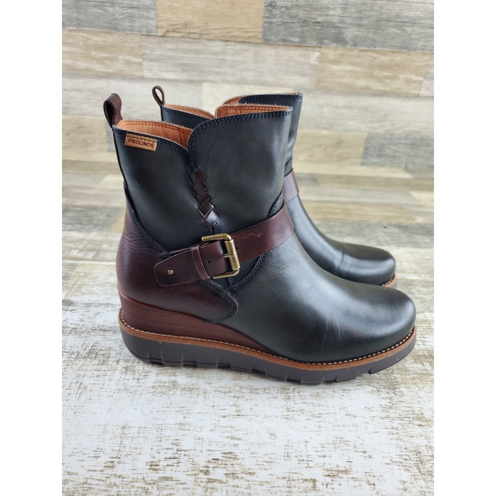 Pikolinos Sanlucar Womens Ankle Boots Sz 8.5 - 9 Lead Leather Buckle Side Zip